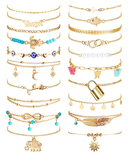 Dochais 20 Stück Boho Fußkettchen Set Gold für Damen Kinder Mädchen Frauen, Perlenkette Fußkette Kugeln Verstellbare Strand Knöchel Ketten Fußkette Band Fußband Armbänder Fuß Schmuck Geschenk Cover
