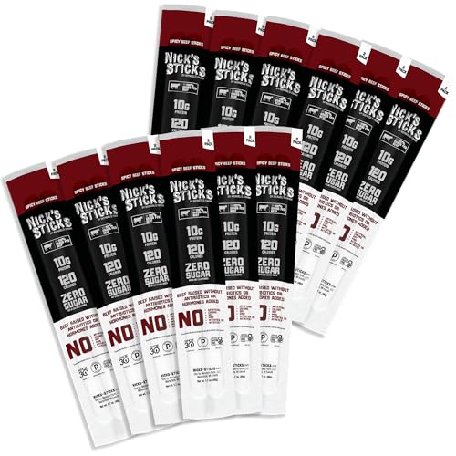 Nick's Sticks Clean & Balanced 100% Grass-Fed Spicy Beef Snack Sticks | Made in the USA | Gluten Free | Paleo, Keto, Whole30 Approved | No Soy, Antibiotics or Hormones (12 – 1.7oz. Packages of 2 Sticks)