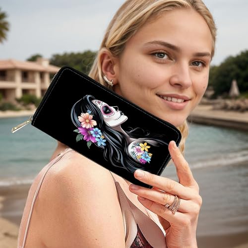 Image of RFID Blocking Leather Wallet for Women - Large Capacity Zip Around Clutch with 8 Card Slots,25 Cash Pockets & Coin Zipper,Sugar Skull Flower