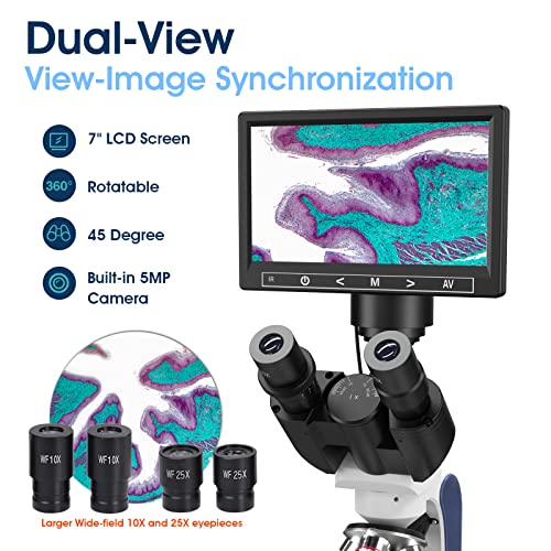 Edkkie 40X-2500X Lab Compound Trinocular Microscope Built-In 5Mp Camera With 7’’ Screen, Wide-Field 10X And 25X Eyepieces, Dual Illumination System, Double Layer Mechanical Stage #TOP1