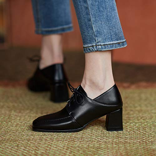 VOKLIN Women's Fashion Square Toe Dress Pumps Lace Up Chunky Block High Heel Work Office Loafer Pump Shoes3