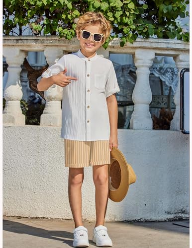 Image of Arshiner Boy's 2 Piece Beach Outfit Short Sleeve Textured Button Down Shirt and Short Sets Summer Vacation Wear 4-12 Years