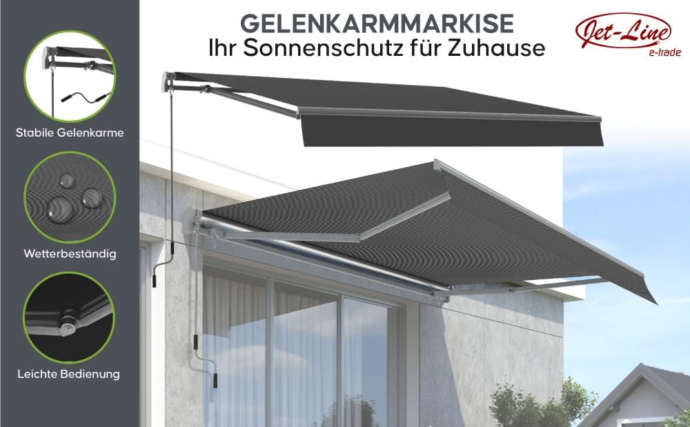 Jet-Line Markise 2,95 x 2 m in Anthrazit – Sonnenschutz mit Kurbel, UV-Schutz, wetterfest, manuell ausfahrbar, ideal für Terrasse & Balkon