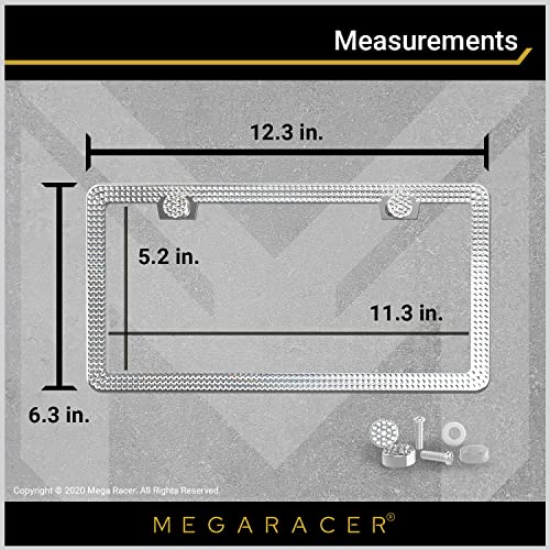 Mega Racer Rhinestone Bling License Plate Frame For Women - High-End 650 Pieces White Diamonds Three Rows, 2-Hole Stainless Steel Slim Crystal Frame, Car Wash Safe, Weatherproof, 1 Piece #TOP4