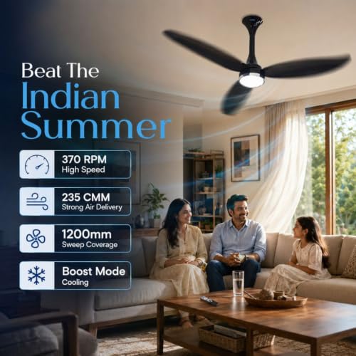 Image of XUGA Ziora F9D BLDC Ceiling Fan, 1200mm, 34W Energy Saving, 370 RPM, 235 CMM Air Delivery, Remote Control, LED Light, 6 + Boost Speed, Copper Motor, Premium Black
