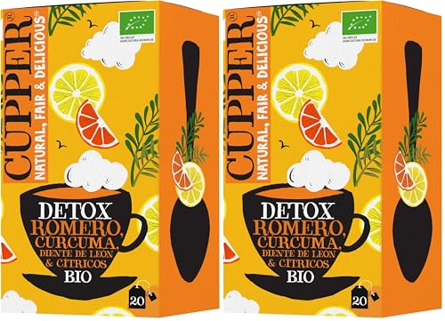 CUPPER - 20 Bolsitas De Infusiones Ecológicas Detox - Propiedades Depurativas Y Diuréticas - Contiene Romero, Cúrcuma y Cítricos - Apto Para Vegano (Paquete de 2)