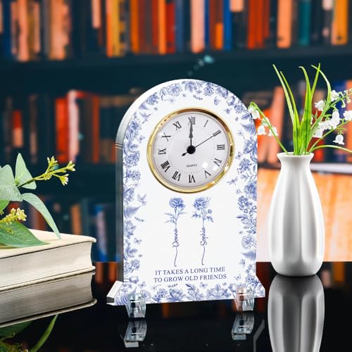 Personalized Floral Acrylic Desk Clock for Best Friends - Toile De Jouy Birth Month Flower Keepsake - Image 2
