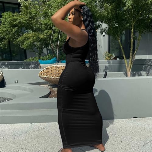 Image of Nimsruc Women Casual Sexy Deep U Neck Tank Top Bodycon Dress Summer Sleeveless Wrap Long Basic Party Club Maxi Dresses