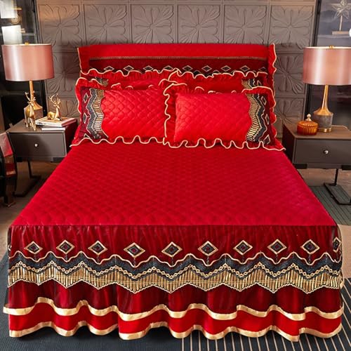 Daesar Sábana Bajera Ajustable Elástica,Patrón de Encaje Bordado con Color Sólido Terciopelo Sábanas Bajeras Ajustables Rojo,180 x 220 CM