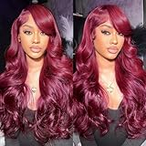izhenwo Burgundy Lace Front Wigs Human Hair 200% Density 13x4 HD Lace Front Body Wave Wine Red Colored Wig 24 Inch 99j Brazilian Virgin Human Hair Glueless Red Wigs for Women Natural Hairline