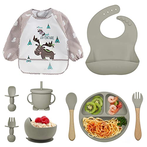 Baby Kinderteller Sets, Silikon Baby Geschirrset Kindergeschirr mit Saugnapf,Rutschfest Silikon Geschirr Sets Rutschfest Babyteller Schüssel Lätzchen Löffel Gabel Kindergeschirr (9 Stück-Grau)