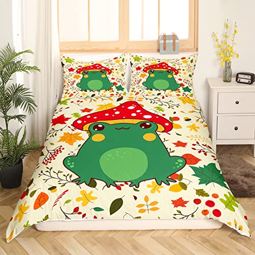Cartoon Mushroom Frog Duvet Cover Set Twin Size,Cute Kawaii Green Animal Comforter Cover For Kids Boys Bedroom Gift,Autumn Maple Leaves Hazelnut Plant Bedding Set With 1 Pillowcase, Polyester #TOP1