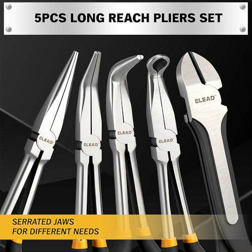 Image of 5-Piece 11 Inch Long Needle Nose Pliers Set with 4 Magnetic Plier Racks, Extra Long Reach Pliers Set, 45 & 90 Bent Needle Nose Pliers, Circle Nose and Diagonal Pliers for Tight Spaces
