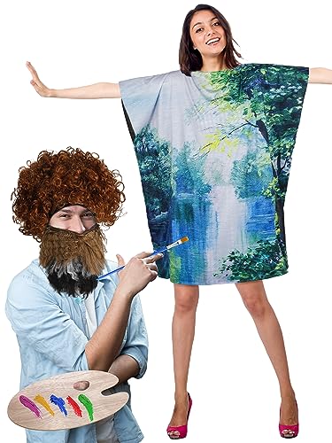 Zeyune 5 Pcs Halloween 80's Painter Couple Costume Artist Painting Tree Tunic Dresses Wig Beard and...