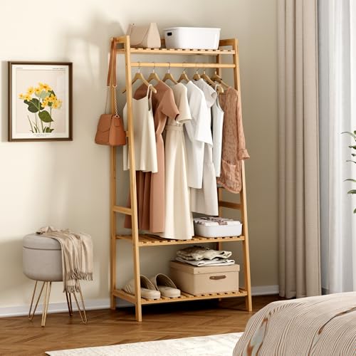 FOREHILL Kleiderständer mit Ablagen Garderobenständer Bambus Kleiderstange mit Anti-Kipp-Vorrichtung für Kleidung Schuhregal Taschen 164x70x42cm