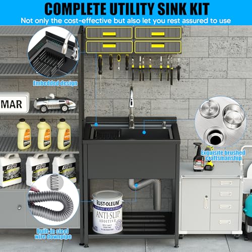 Image of Stainless Steel Utility Sink, 25.7 inch x 20.7 inch x 39.5 inchFreestanding Sink with Cold and Hot Water Faucet,Hoses and Drain Kit for Kitchens, Bathrooms, Garage, Laundry Room