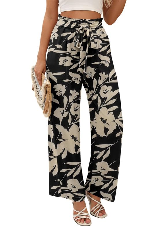 KISSMODA Palazzo Lightweight Pants for Women High Waisted Work Adjustable Tie Knot Wide Leg Trousers BlackBeige XL