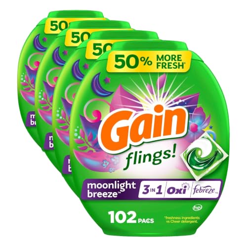 Image of Gain Flings Laundry Detergent Pacs, Moonlight Breeze Scent, with Odor Defense, concentrated laundry soap pacs, 102 Count (Pack of 4)