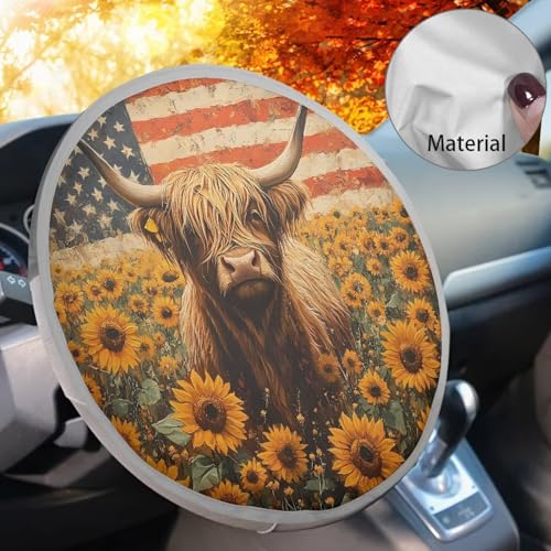 Image of Highland Cow Sunflower Steering Wheel Sunshade Car Interior Sunshade Foldable Car Steering Wheel Sun Shade Cover Car Interior Accessories for Sun Heat for Car Truck SUV