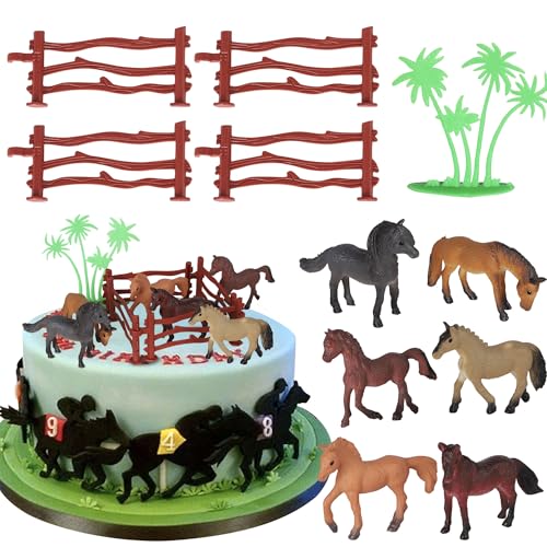 11 Pack Horse Happy Birthday Cake Toppers Wild Animal Fence Cupake Toppers Realistic Microcosm Safari Cake Picks for Wild Animal Theme Baby Shower Kids Birthday Party Cupcake Decorations Supplies