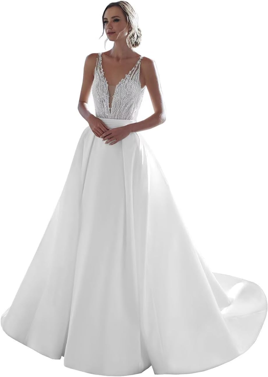 Spaghetti Straps Beaded Satin Wedding Dresses for Bride Long A Line Slit Bride Gowns with Pockets