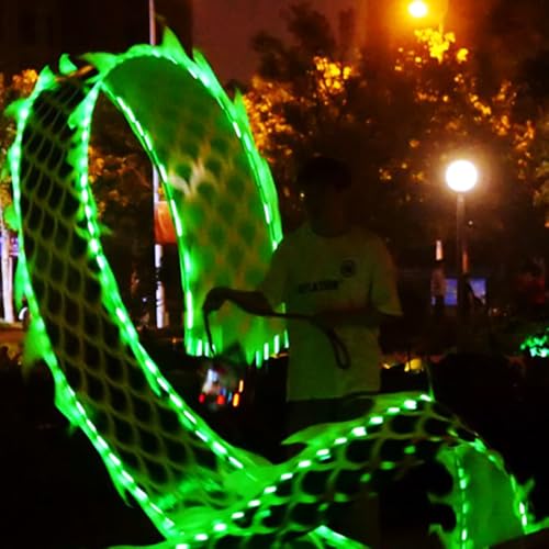 8 Meters (26.2 FT) LED Light Up Square Exercise Dance Dragon Poi with 3D Dragon Head and Swing Rope Combo, Glowing Dragon Dance Flowy Ribbon Streamer for Performances Parties Stage Prop Set