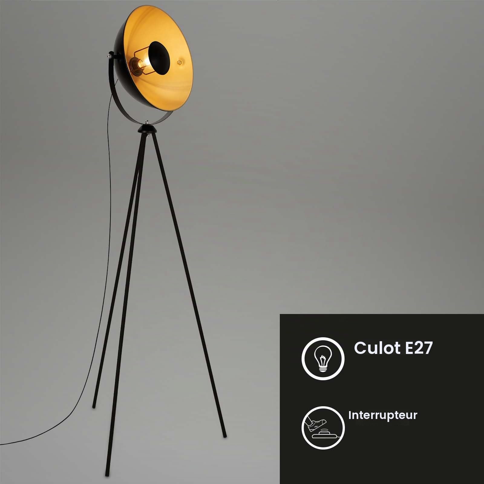 BRILONER - 1380-015 Lampadaire trépied vintage - style projecteur de cinéma - abat-jour métal noir mat & or - ampoule E27 - 60 W max. - hauteur : 148 cm, Noir-or-mat, 580x345x1480mm (LxDxH)