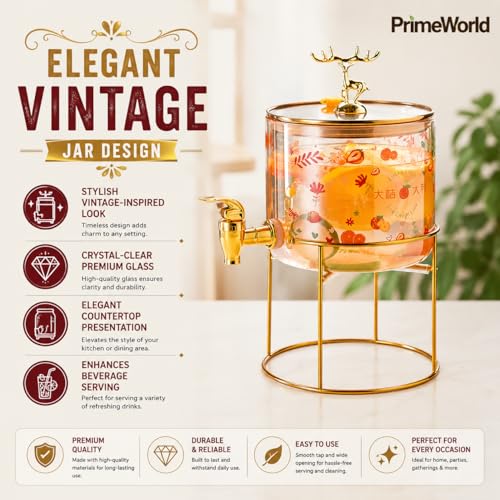 Image of PrimeWorld Glass Beverage Dispenser - 2.6 litres | Vintage Drink Dispenser Jar with Tap & Lid | Ideal for Juice, Water, Iced Tea, Lemonade & Party Beverages