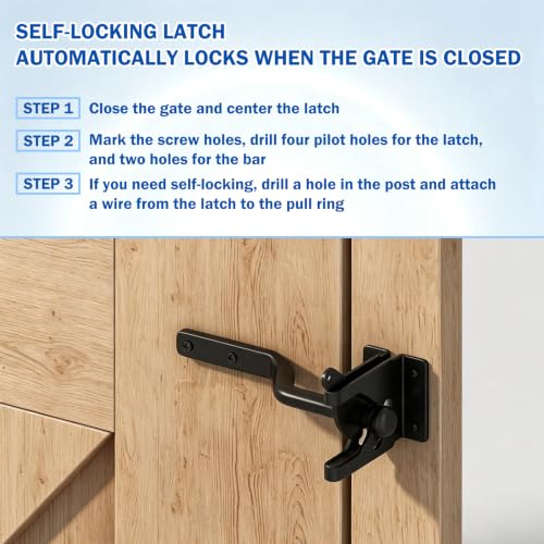 Image of 1 Set Heavy Duty Anti Sag Gate Kit with Self-Locking Latch for Wooden Fence, Shed Doors, Corral Gates, Black Steel with Zinc Coating, 1.5 Inches Depth, 4.96 Pounds