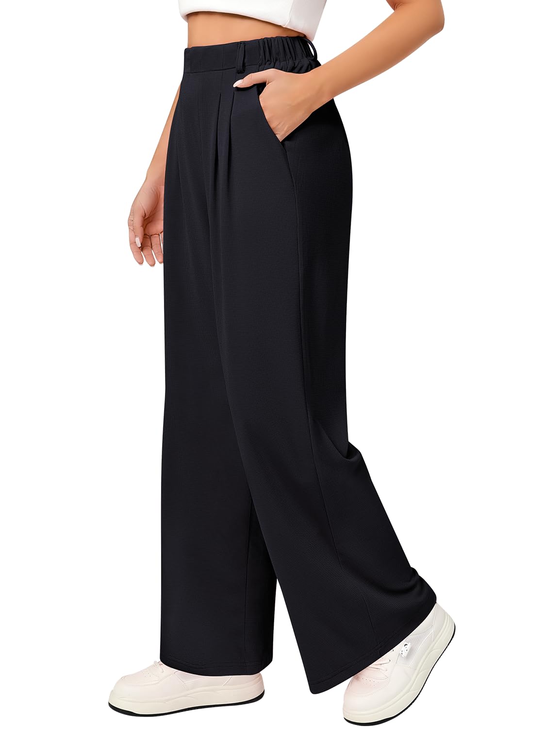 Womens Stretchy Waffle Business Casual Slacks High Waisted Elastic Wide Leg Work Pants with Functional Pockets Black M