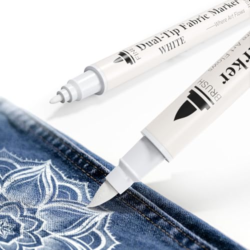 Uxylry White Fabric Marker Pen Permanent for Clothes Dual Tip Opaque Laundry Marker for Stain & Bleach Mark Covering on Dark Fabrics No-Bleed Fabric Pen for Clothing Washable Fade-Resistant 2 Pack