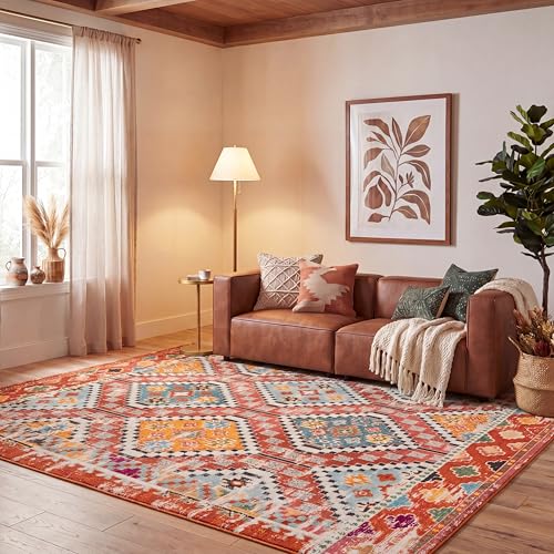 SAFAVIEH Area Rug 8x10 - Madison Collection - Large - Rust & Pink, Boho Diamond Distressed Design, Non-Shedding & Easy Cleaning, Ideal for Living Room, Bedroom, Office, Dining Space (MAD418Q)