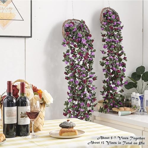 Weldomcor Pack of 5 Artificial Purple Garland 8 FT Flower Garland Roses Vines Silk Flowers Outdoor Hanging Artificial Flowers Decoration for Wedding Arch Bedroom Wall Backdrop Garden Decoration - Image 3