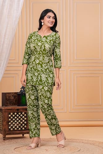 Image of MEERA FAB Women Printed V-Neck Pure Cotton Tunic with Trousers Co-Ords Set