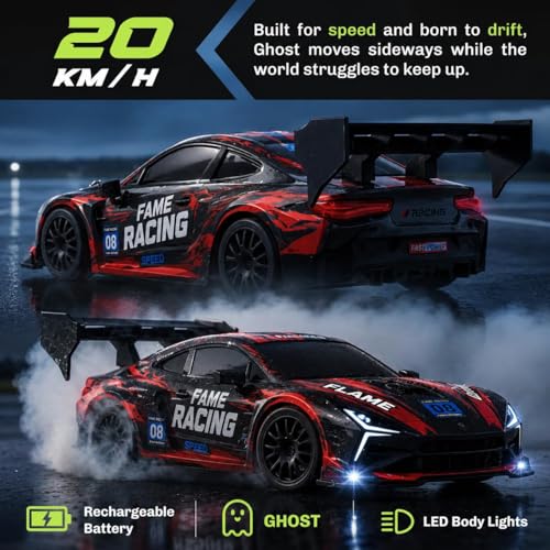 Image of Royal Cellar RC Drift Car 1:24 Scale 4WD | 20KM /H High-Speed Remote Control Car with LED Lights | 2.4GHz Rechargeable Drift Racing Car with Extra Tires & Cones | Gift Boys & Girls (Red Lambo)