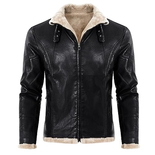 Men's Casual Faux Leather Zip Up Long Sleeve Bomber Jacket Fashion Suede Sherpa Jacket Aviator PU Coat with Pockets