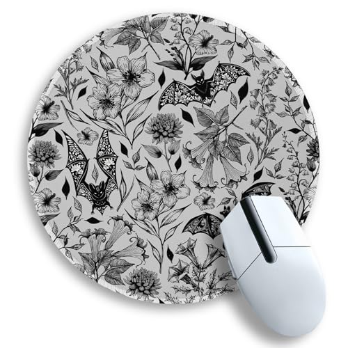 Image of Gctriki Goth Floral Bat Mouse Pad for Desk, Funny Round Mousepad for Computer Laptop Gaming Stitched Edge Non-Slip Rubber Base, Gothic Gifts Home Office Desk Accessories Decor Supplies for Women