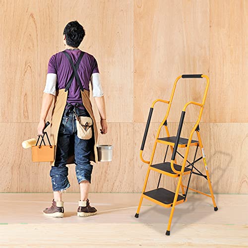 Image of 3 Step Ladder with Handrails Folding Step Stool with Anti-Slip Wide Pedal, Ladders for Home Kitchen Pantry Office, 330 lb Sturdy Steel Ladder for Adults Portable, Yellow
