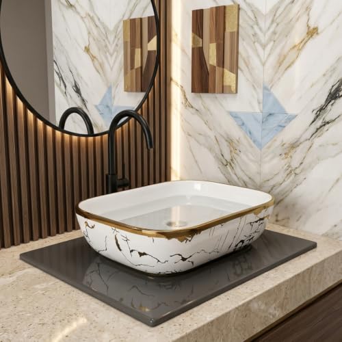 Image of Luxurious Golden Table Top for Bathroom /Ceramic Bathroom Wash Basin /Countertop Wash Basin /Vessel Sink (13x18 Inch)