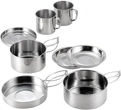 Camping Cookware, 8PCS Camping Cookware Mess Kit, Mini Picnic Camping Cooking Mess Kit with Pot/Pan/Cups, Stainless Steel Cookware Kit for Outdoor Camping Backpacking Hiking