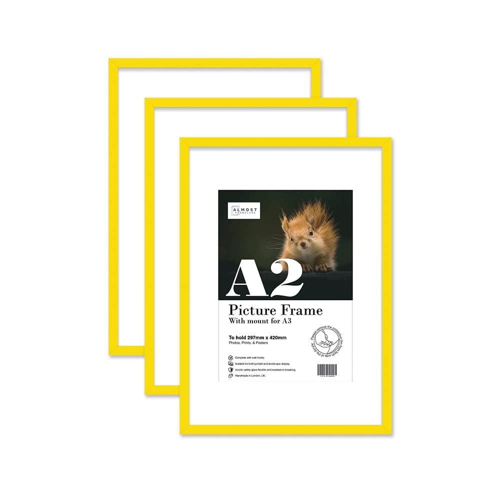 Almost Frameless A2 Yellow Picture Frame Set of 3, Display A3 Pictures with Mount or A5 Without Mount Gallery Wall, Poster, Photo, Artwork, or Print, Yellow