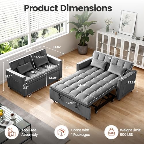 Sleeper Sofa Bed with Adjustable Backrest & Side Pockets, Gray | Adjustable Backrest & Side Pockets,Pull Out Sofa,Comfortable Fabric