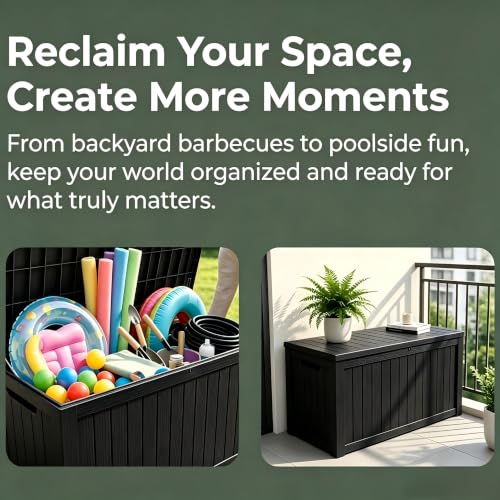 Image of 185 Gallon Deck Box Outdoor Storage, Weatherproof Resin Patio Container for Cushions Garden Tools Pool Accessories, Lockable Lid with Handles, Bench Seat for Yard Patio Garage