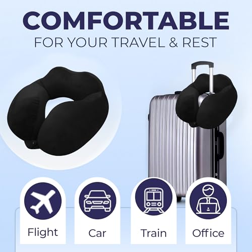 Image of Rover Travel Neck Pillow - Soft Fiber Filled with Snap Button, Plush Fabric, Neck Support for Flight, Bus, Car, Pain Relief (Black)