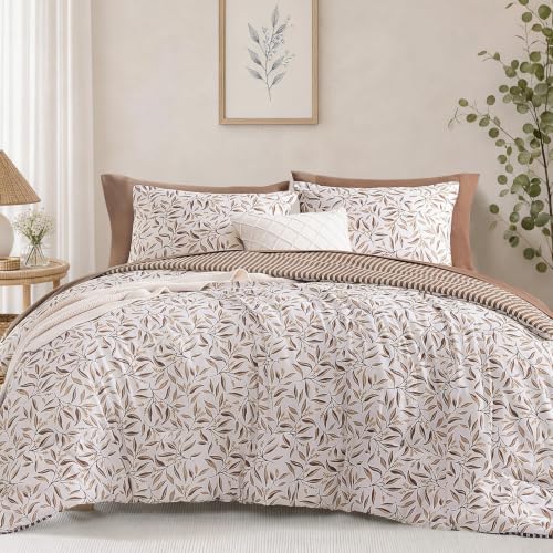 Image of Monbix King Comforter Set - 7 Pieces Floral Bed in a Bag King Bedding Sets | Reversible Botanical Comforter Set with Sheets, Pillowcases & Shams for All Seasons, Brown