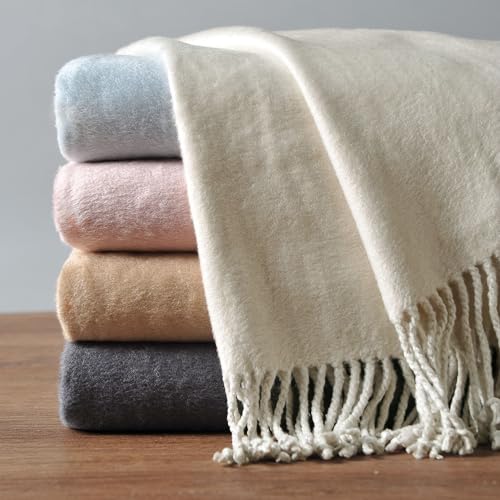 EP Mode Fringed Mulberry Silk Throw Blanket for Sofa (Whisper White)