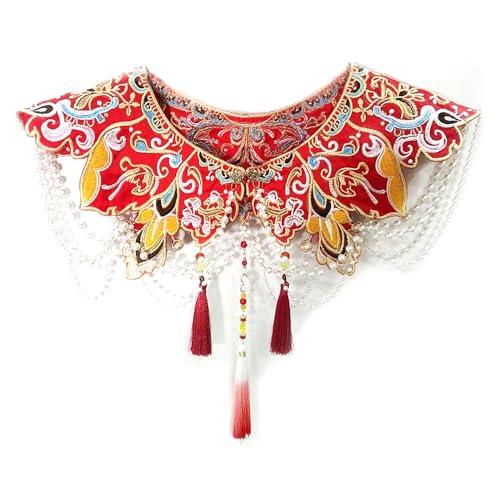 Chinese Red Wedding Phoenix Lace with Pearl Cloud Collar Shawl Wrap Shoulder Scraf for Mamian Skirt Hanfu Handmade（Red Wedding）