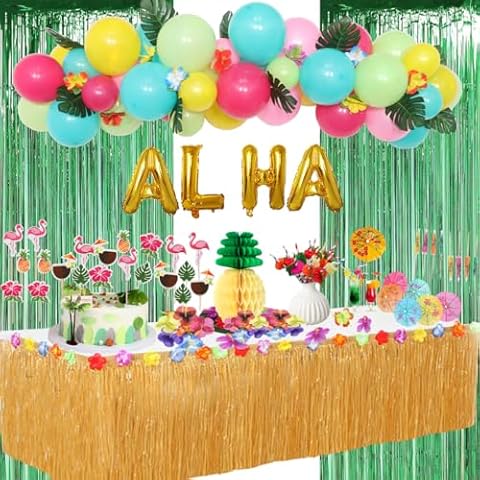 Luau Party Decorations,Hawaiian Themed Party Decorations,Hawaiian Beach Birthday Party Decor Supplies Grass Table Skirt Aloha Balloon Pineapple Flamingo Straws Umbrella & Cupcake Topper (ALOHA) Cover
