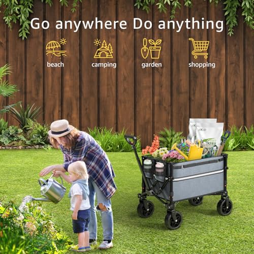Image of ROSONG Collapsible Wagon Cart with Wheels Foldable - Folding Utility Heavy Duty Wagons Carts for Grocery Sports Garden Shopping Camping Grey