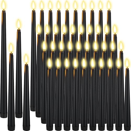 Image of Rossesay 48 Pcs Flameless LED Taper Candles Battery Operated Candles 4 Sizes of 8.5'', 9.65'', 10.83'', 12.8'' Flameless Candlesticks Flickering for Halloween Christmas Church Wedding(Black)